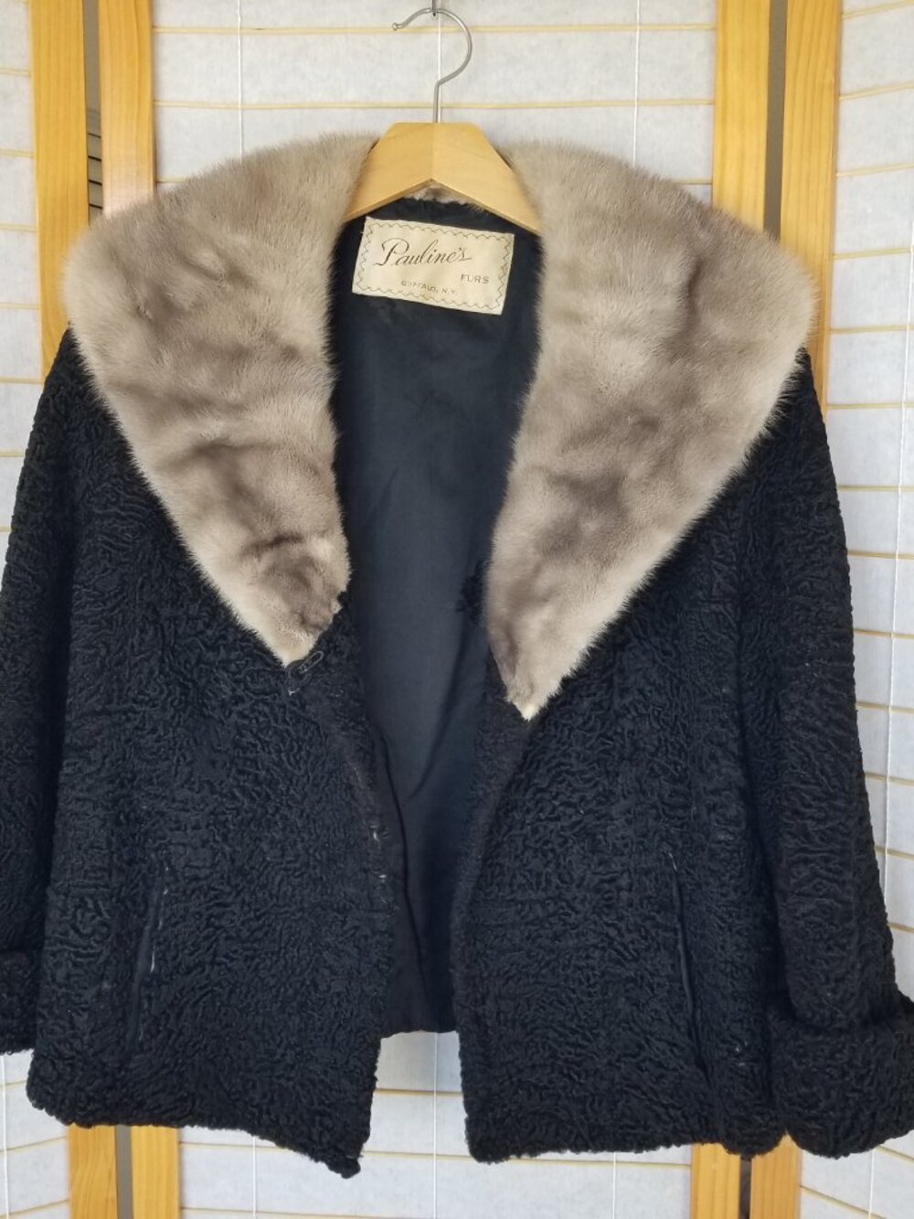 Vintage MCM Black Boiled Wool and Silver Mink Fur Coat Opera Jacket FLAW